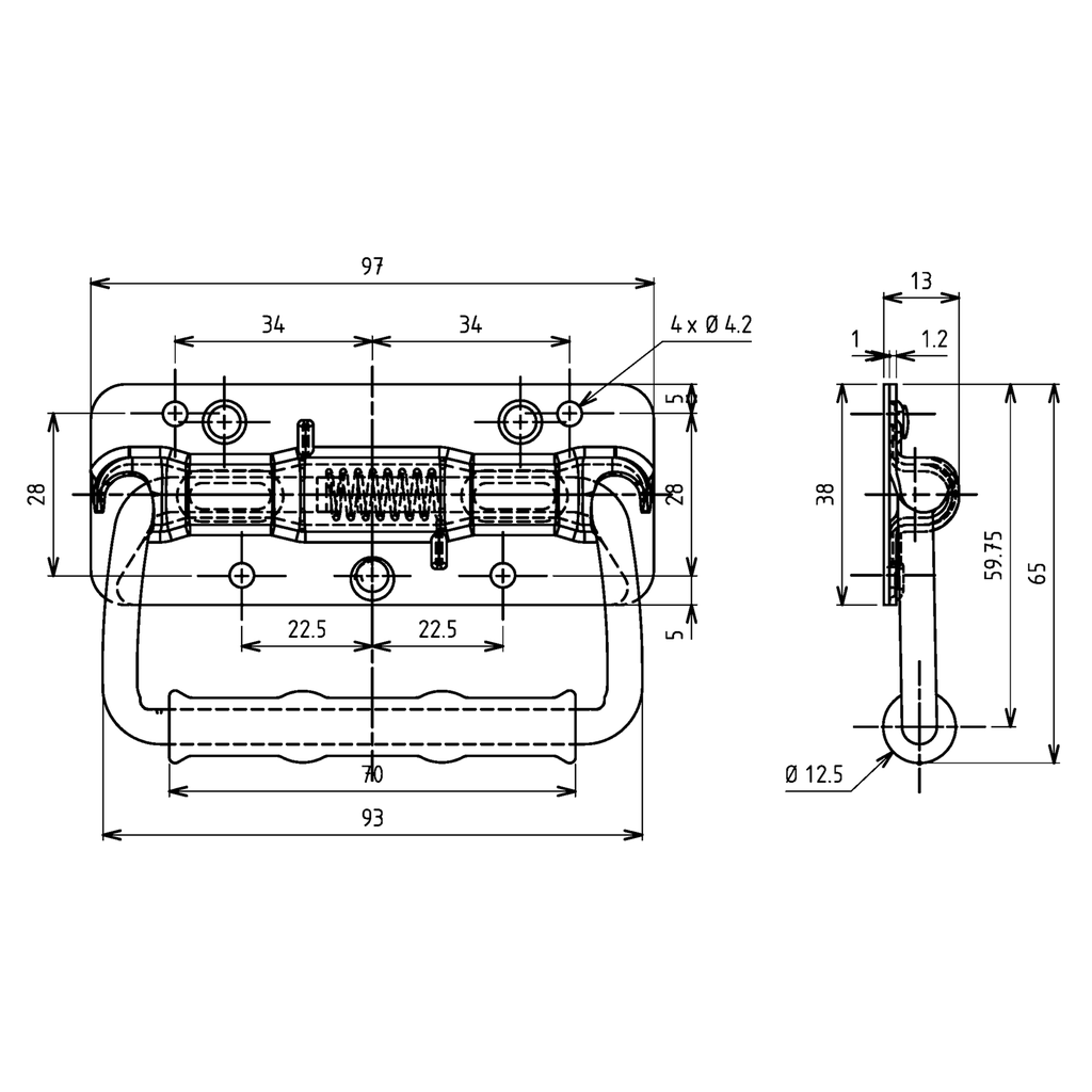 Chest handle with piano wire torsion spring, Stainless steel AISI