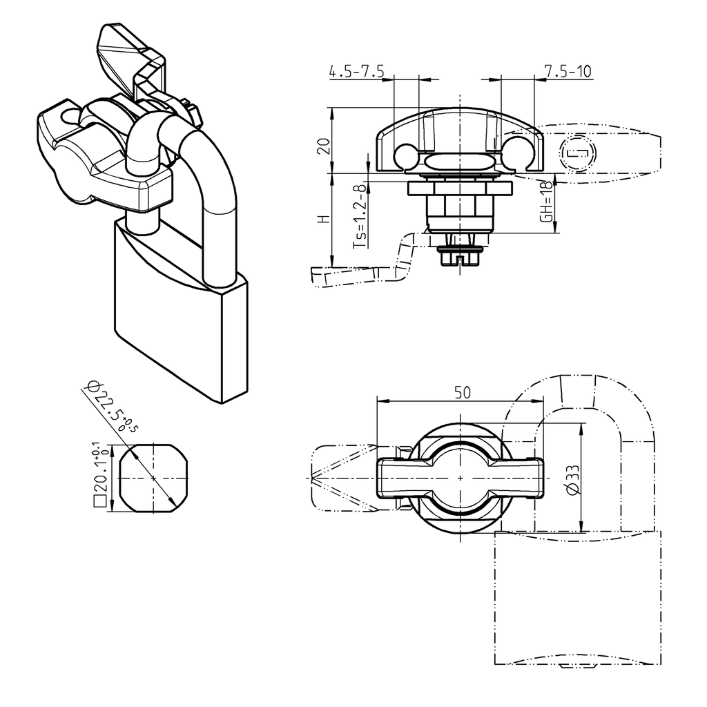 Wing knob quarter turn for padlock, Zinc die black powder-coated