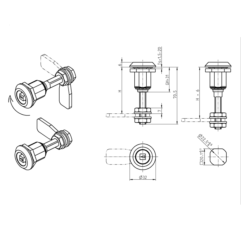 Compression latch with adjustable cam height, square 8