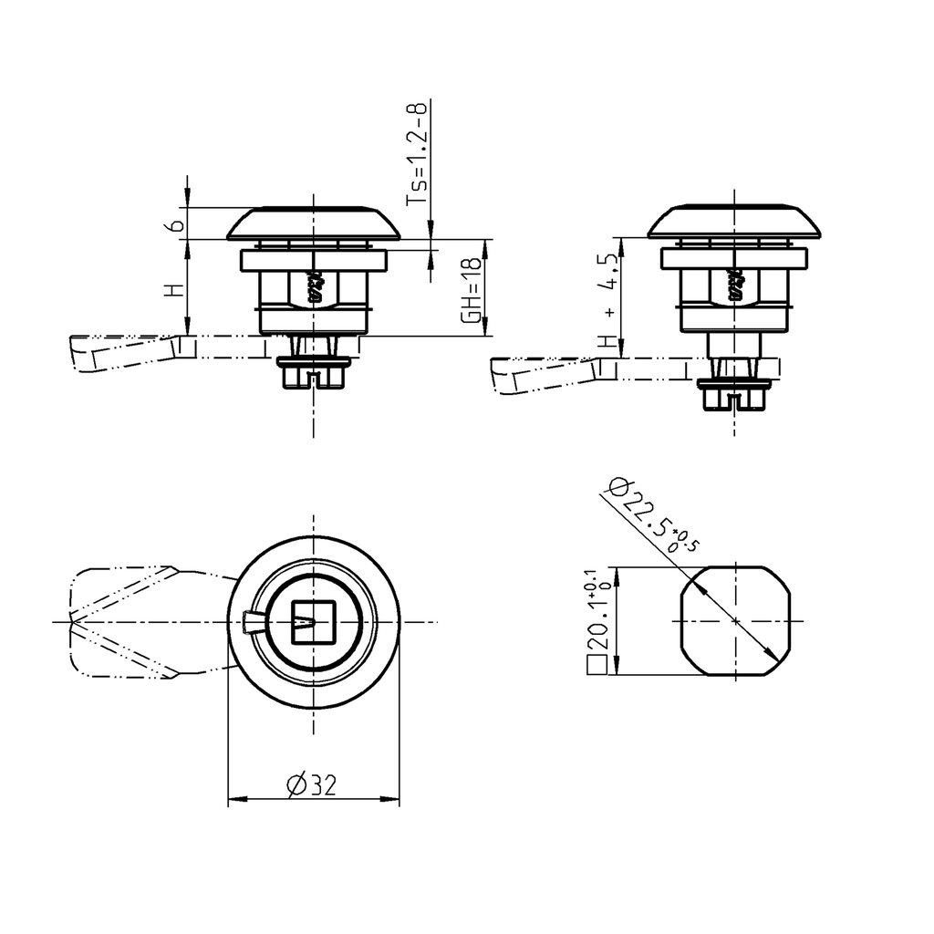 Compression latch, square 8, Stainless steel AISI 316; 1000-U852