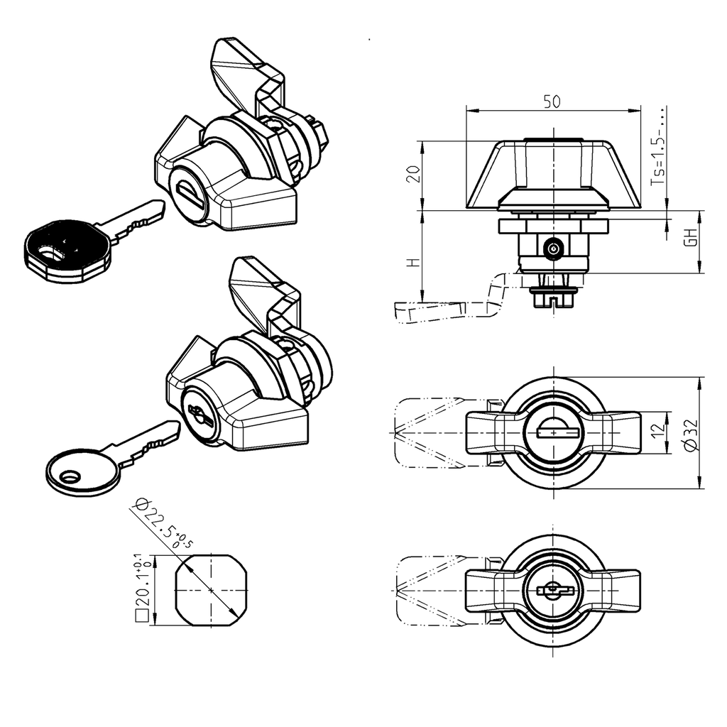 Wing knob quarter turn, keyed different, Zinc die chrome-plated