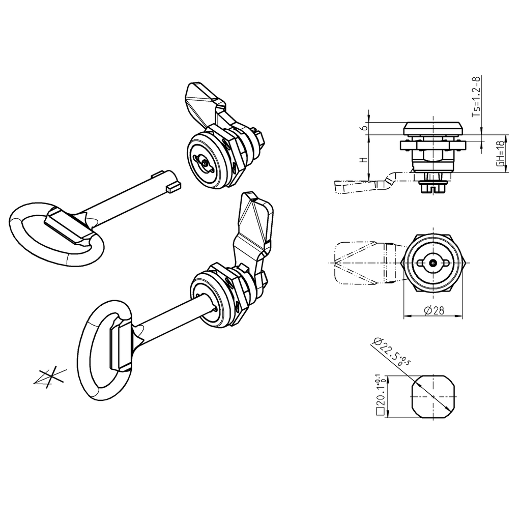 Safety quarter turn double bit 5, left version, Brass and zinc die