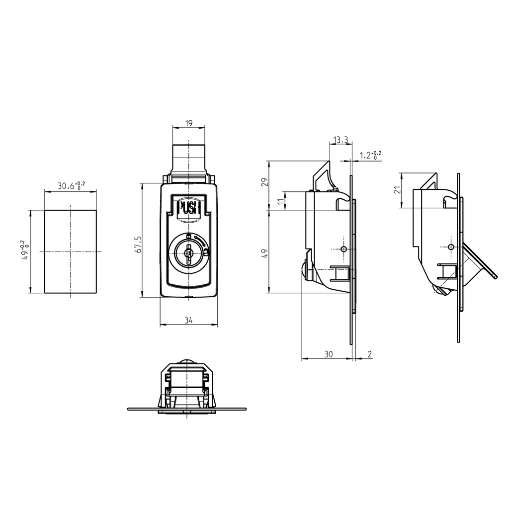 Side panel latch, keyed EK 333, Polyamide GF black; 1091-U143