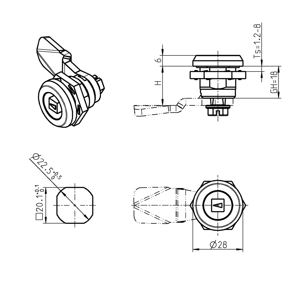 Safety quarter turn slot 2 x 4, Stainless steel AISI 303; 1000