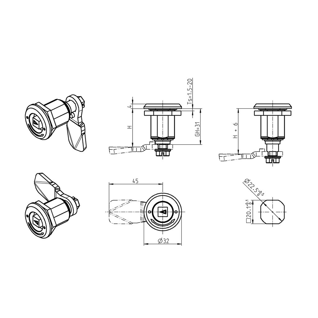 Compression latch, square 8, Stainless steel AISI 316; 1000-U834