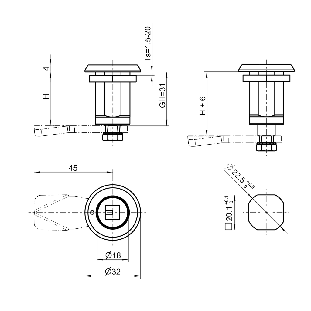 Compression latch square 8 with marking, right version, Aluminium