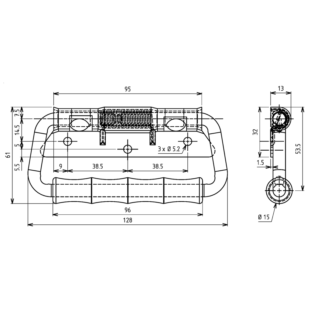 Chest handle with piano wire torsion spring, Steel zinc-plated DS