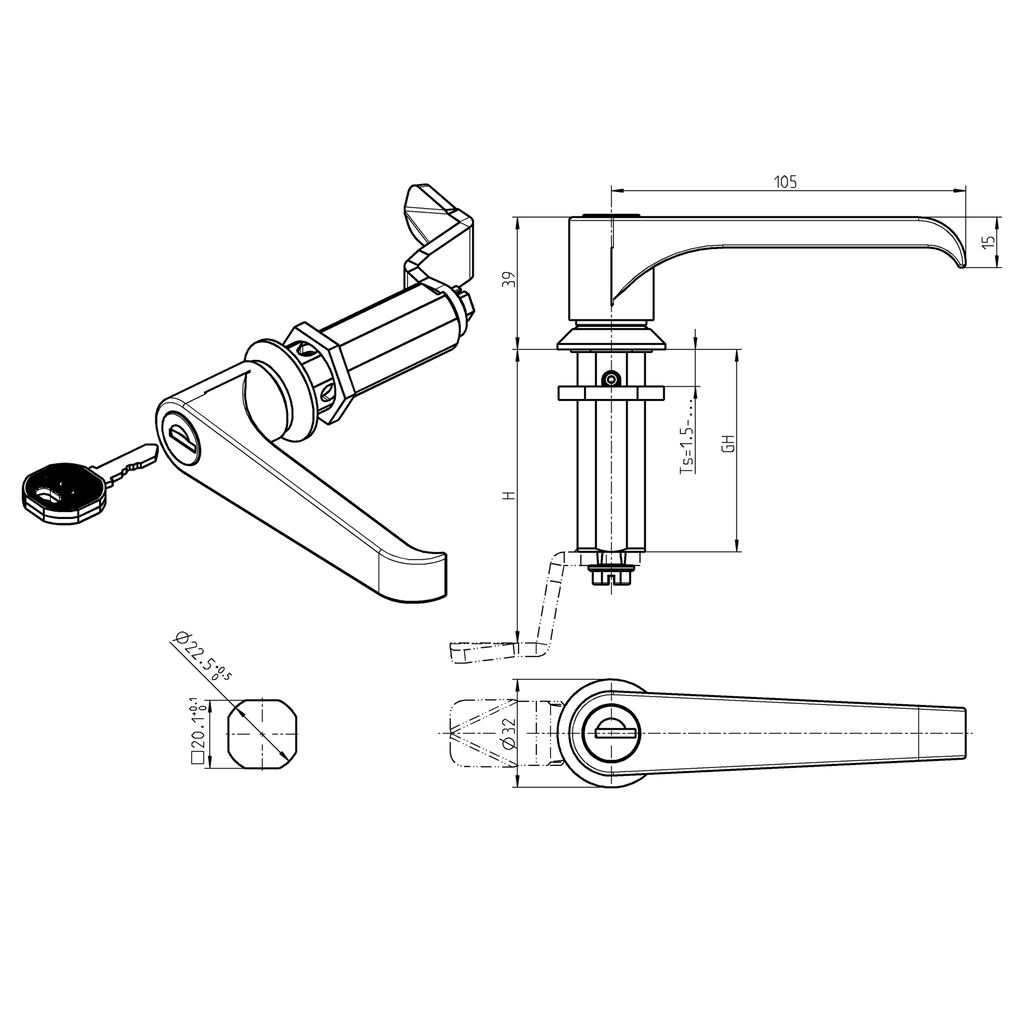 L-handle quarter turn, non-keyed, Zinc die chrome-plated; 1000-U14