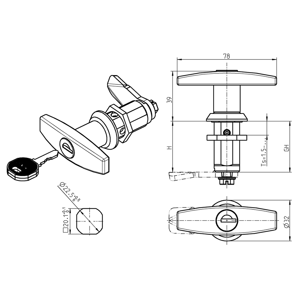 T-handle quarter turn, non-keyed, Zinc die and polyamide black