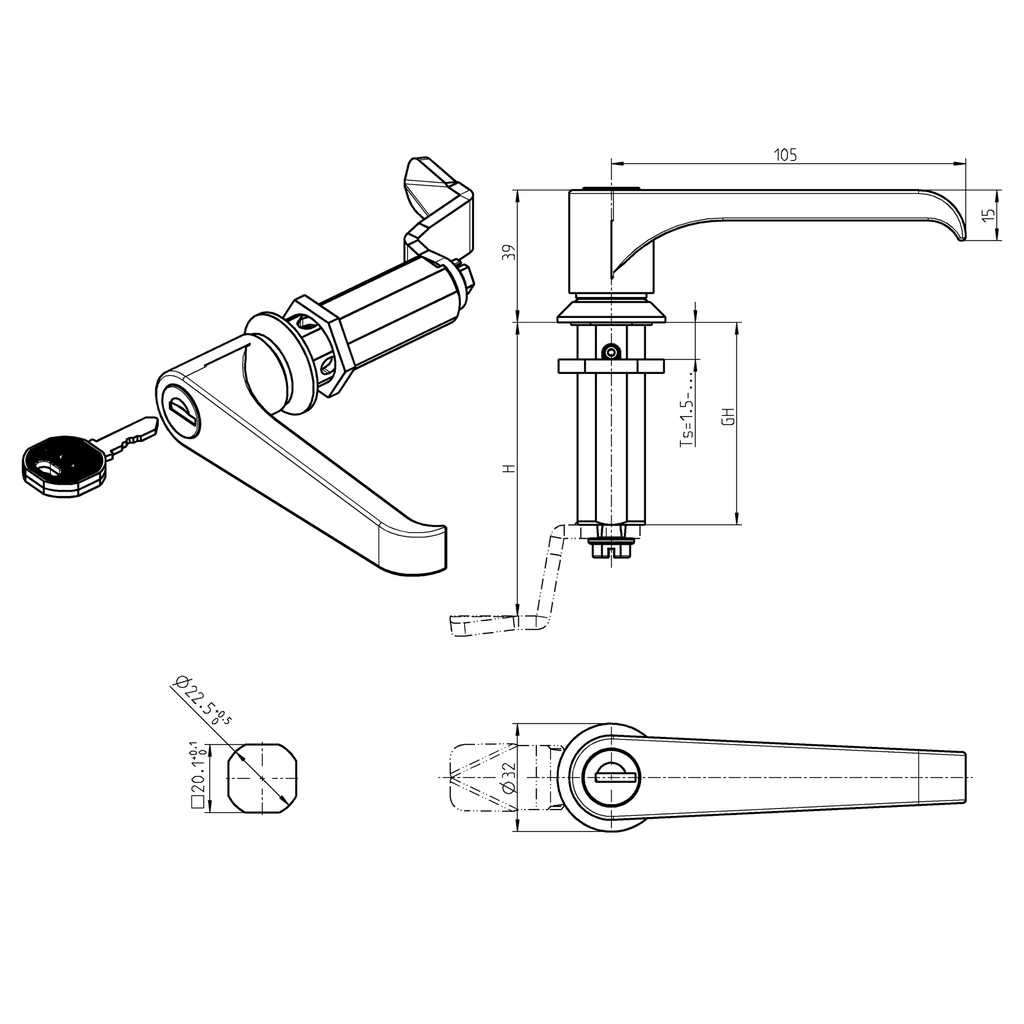 L-handle quarter turn, non-keyed, Zinc die and polyamide black