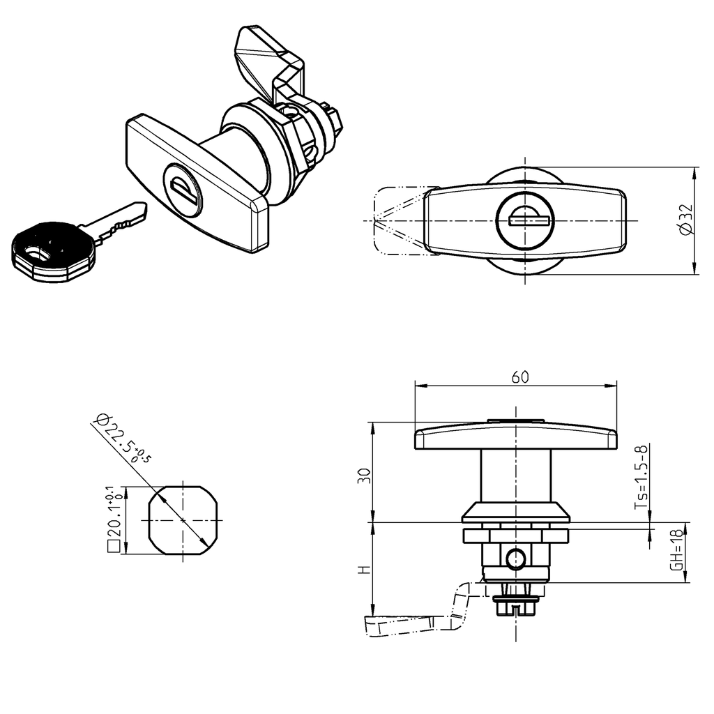 T-handle quarter turn, keyed different, Zinc die and polyamide