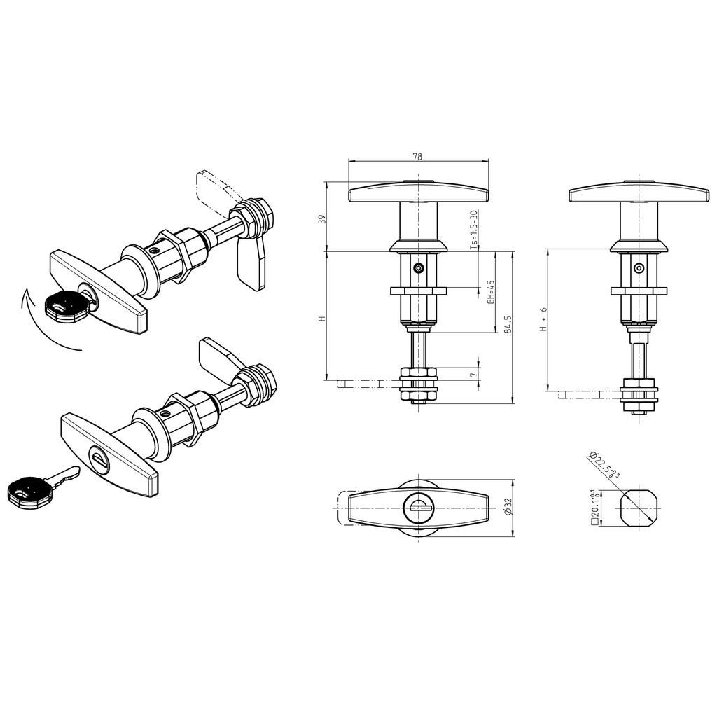 Compression latch with T-handle and adjustable cam height, non