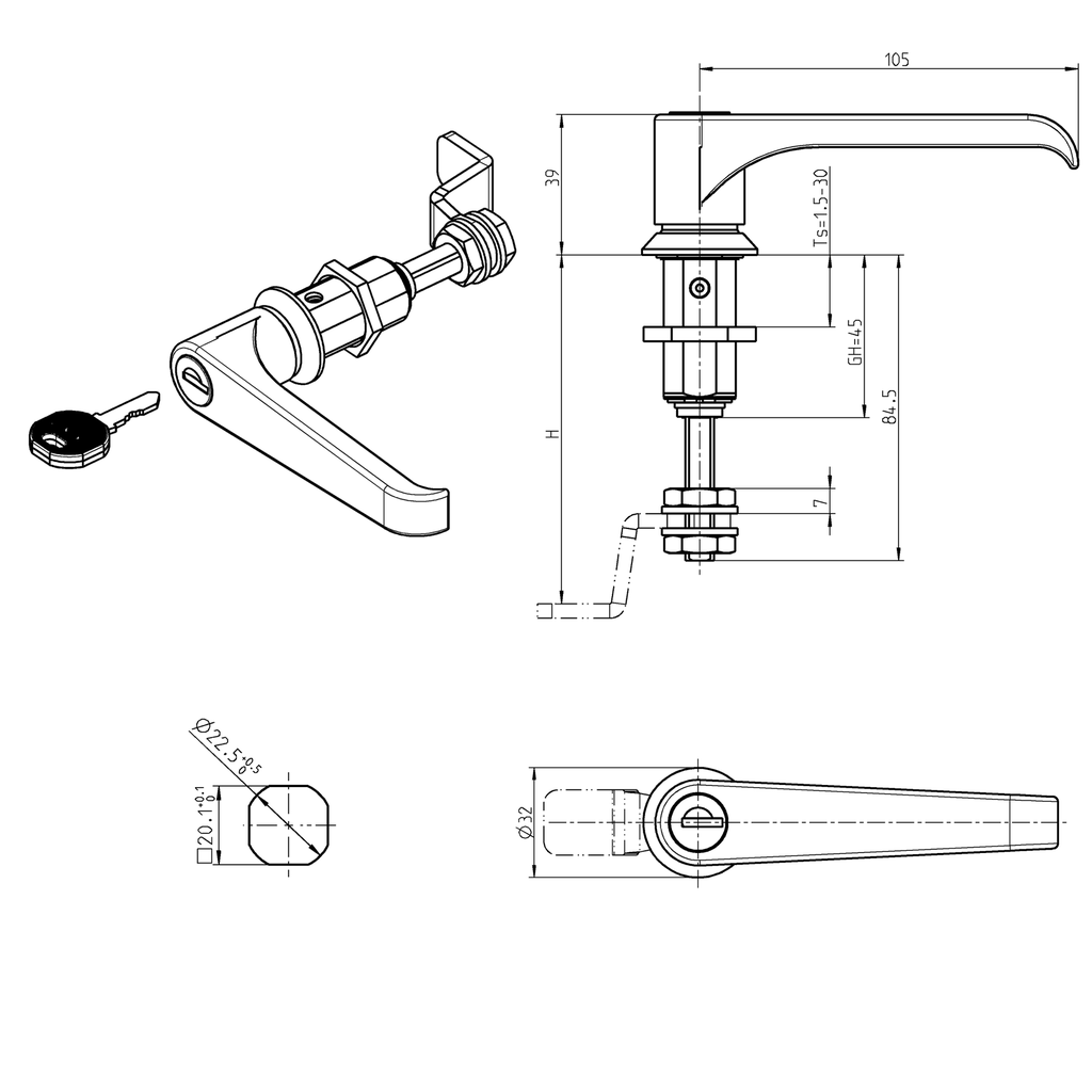 Emika Compression latch with L-handle and adjustable cam height, keyed