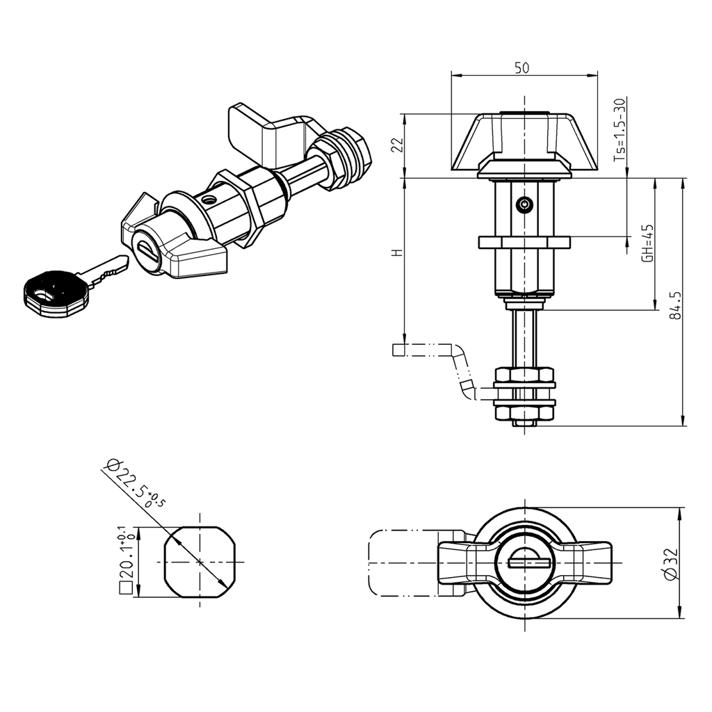 Compression latch with wing knob and adjustable cam height, keyed