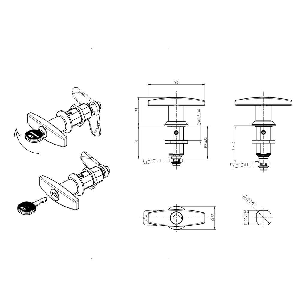 Compression latch with T-handle, keyed EK 333, Zinc die black
