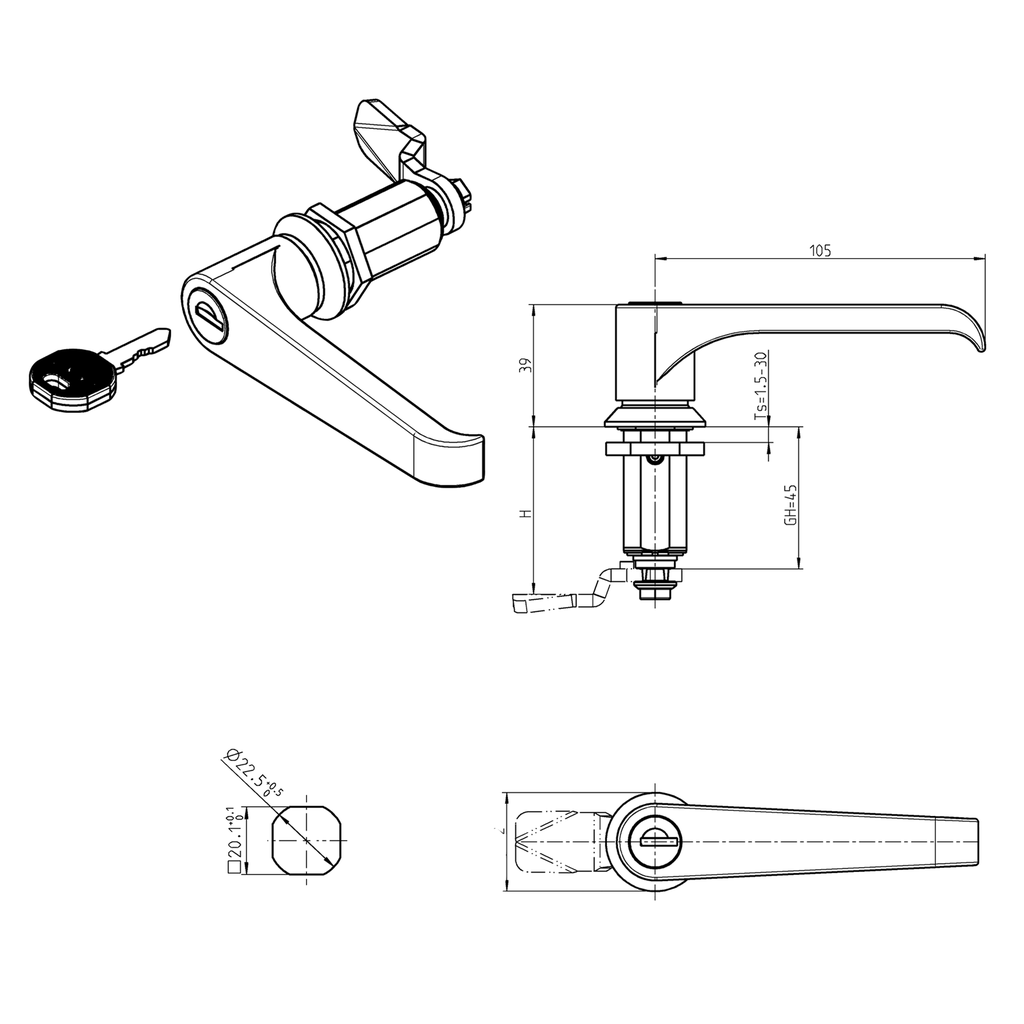 Compression latch with L-handle, keyed EK 333, Zinc die black