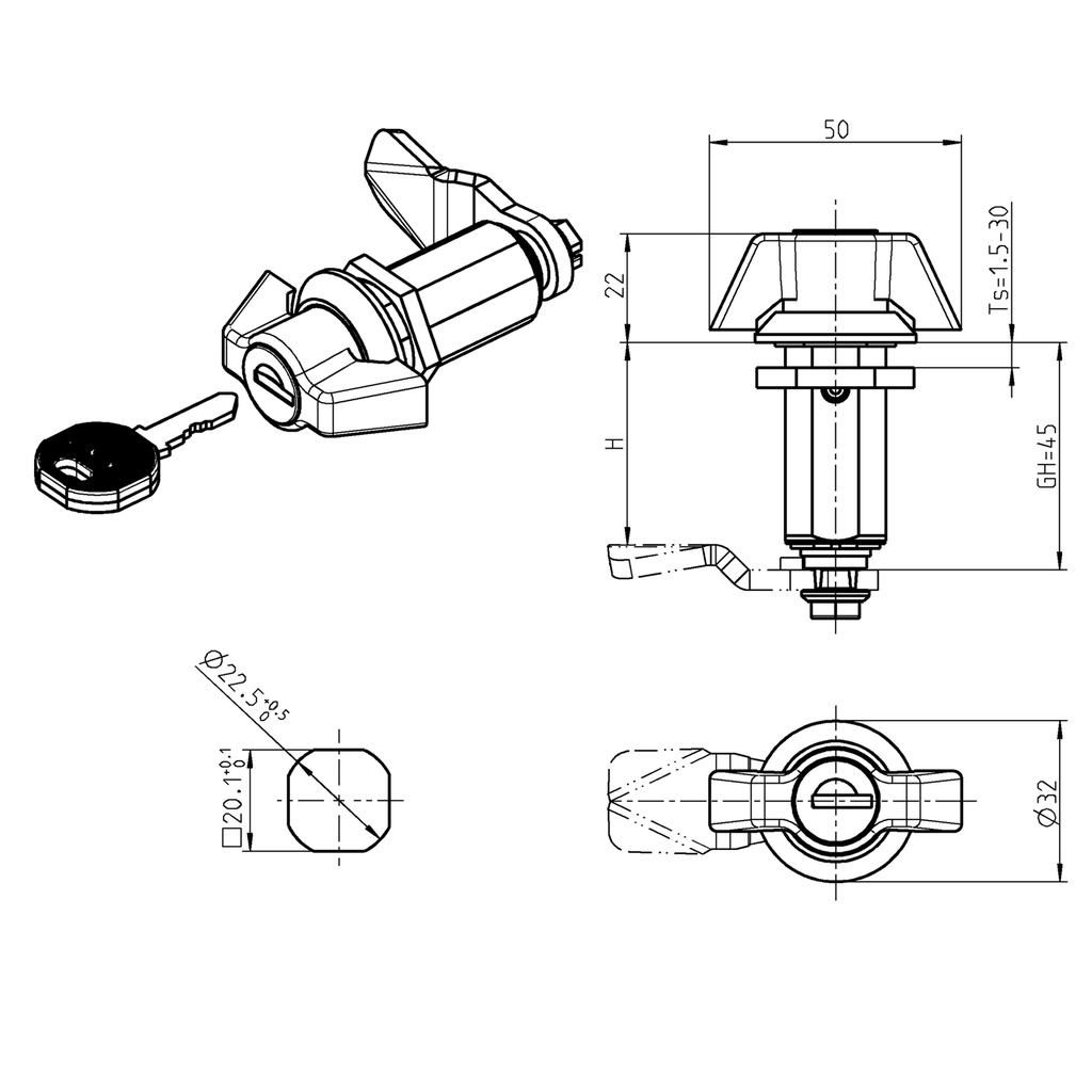 Compression latch with wing knob, non-keyed, Zinc die black powder