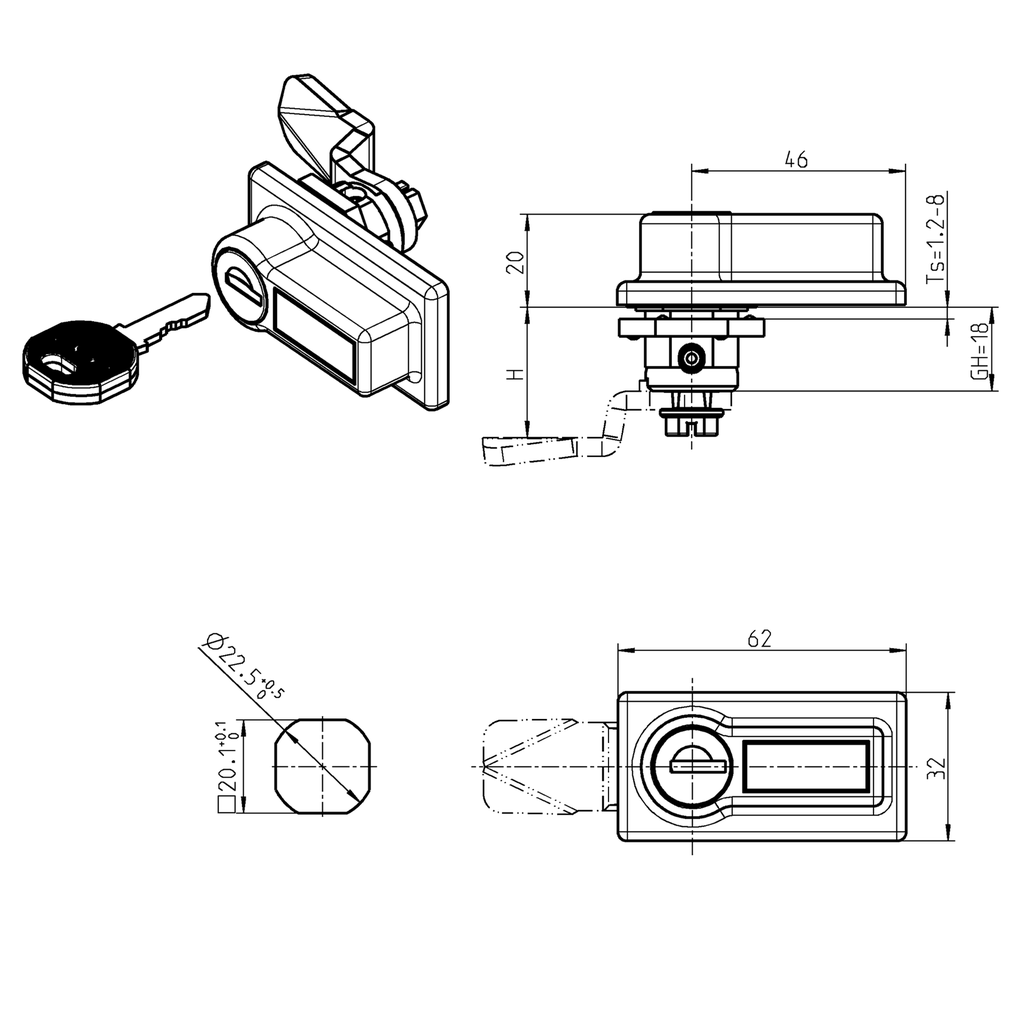 Panel handle quarter turn, keyed EK 333, Zinc die and polyamide