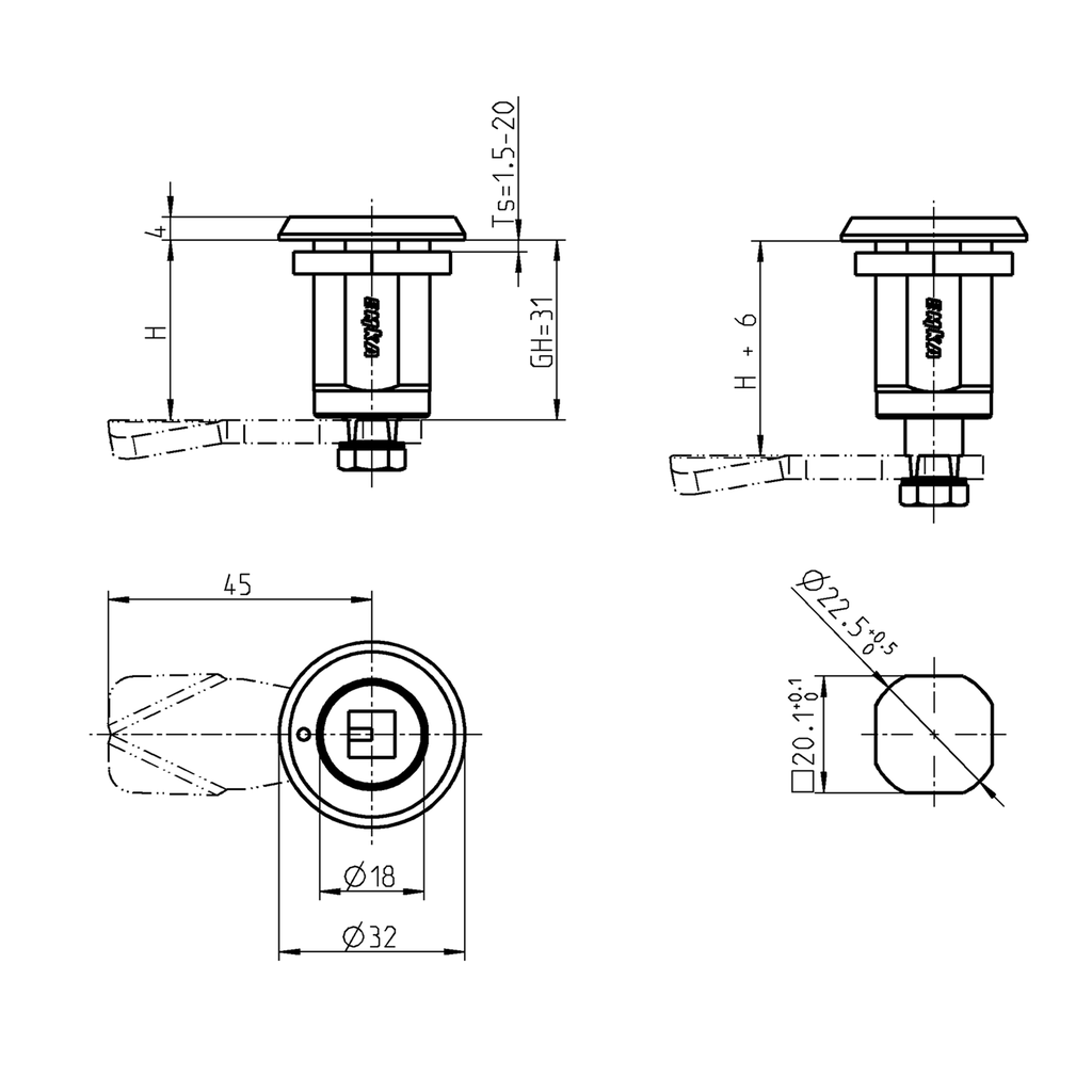 Compression latch square 8 with marking, left version, Stainless