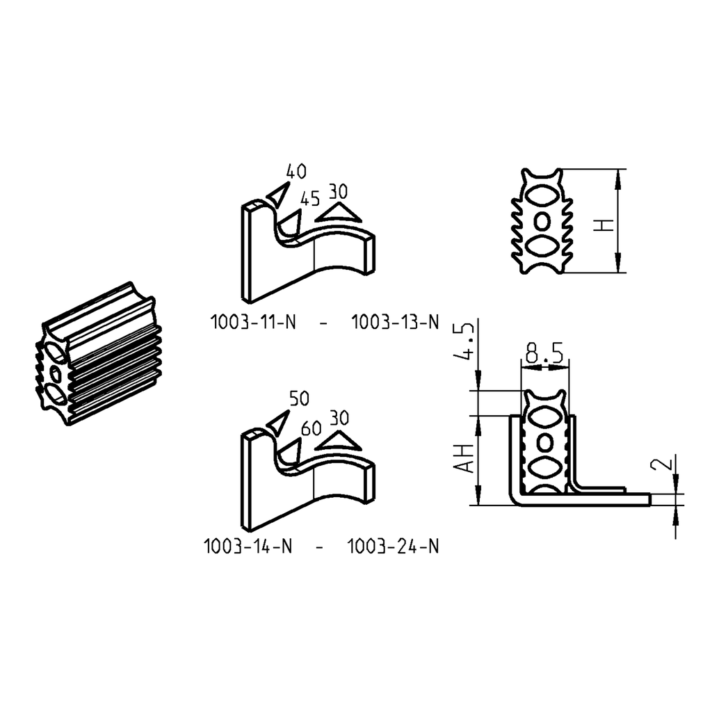 4-Lip profile H = 22.5 mm, Foam rubber EPDM 25 ± 5 Shore A