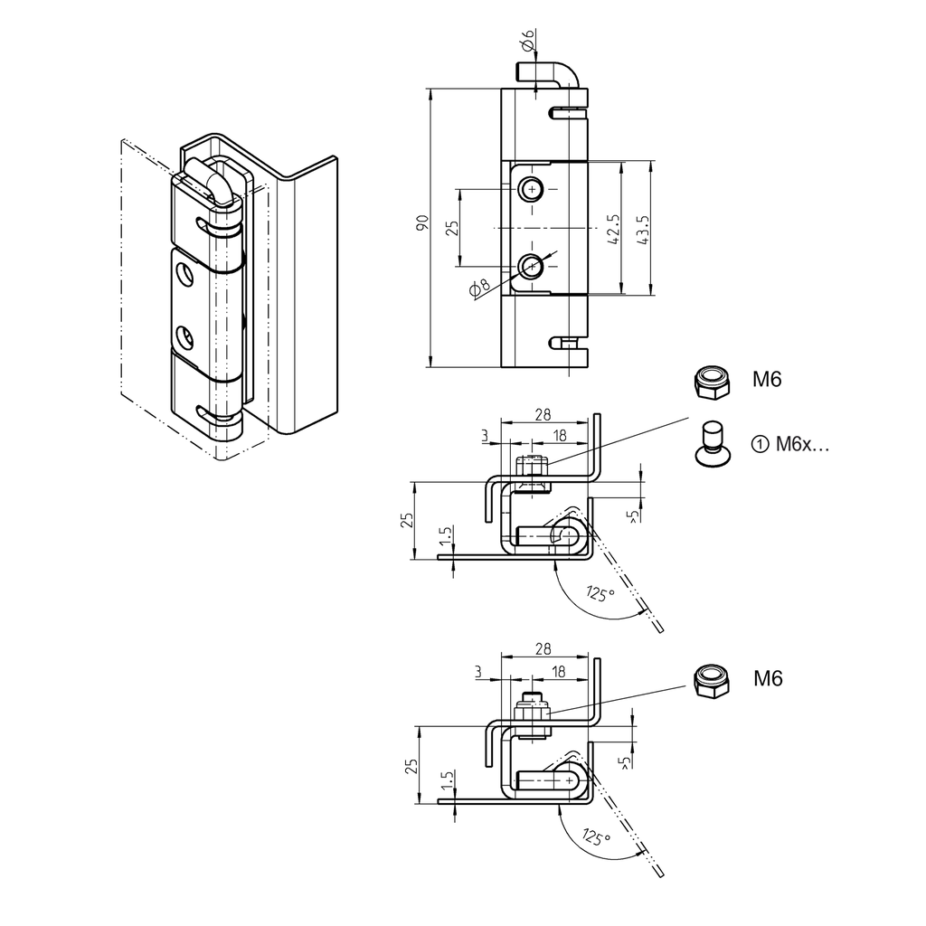 125° Hinge with captive pin, Steel zinc-plated and raw; 1031-U12