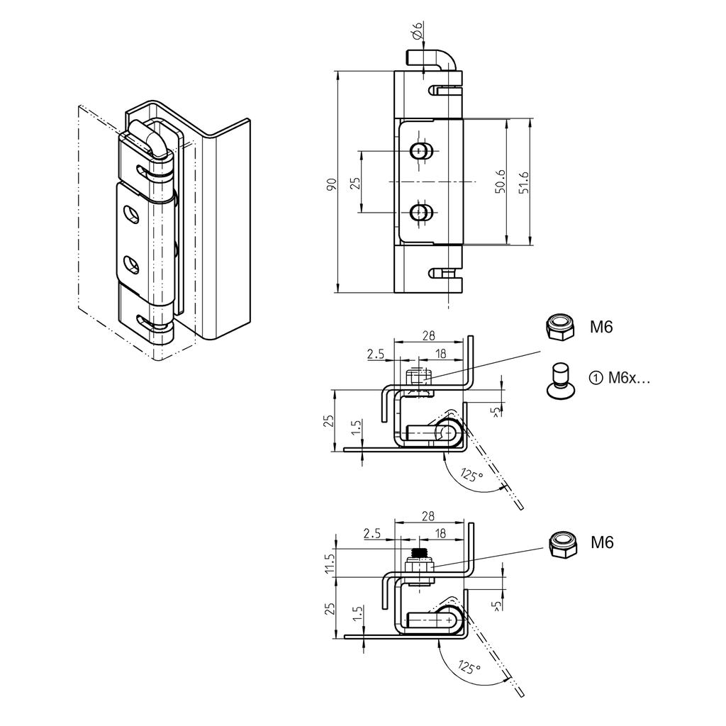125° Hinge with captive pin, Stainless steel AISI 316Ti; 1031-U22