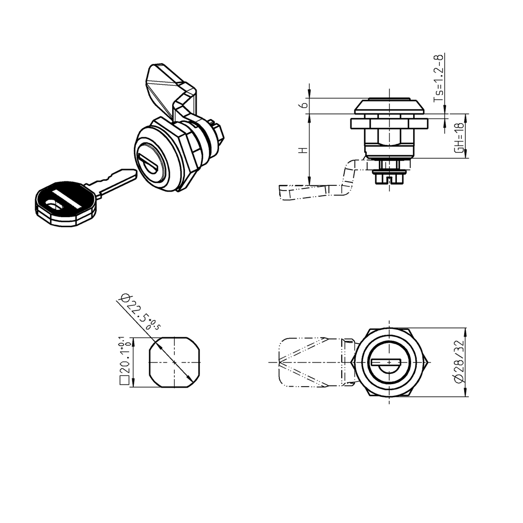 Cylinder quarter turn, keyed EK 333, Zinc die chrome-plated; 1048