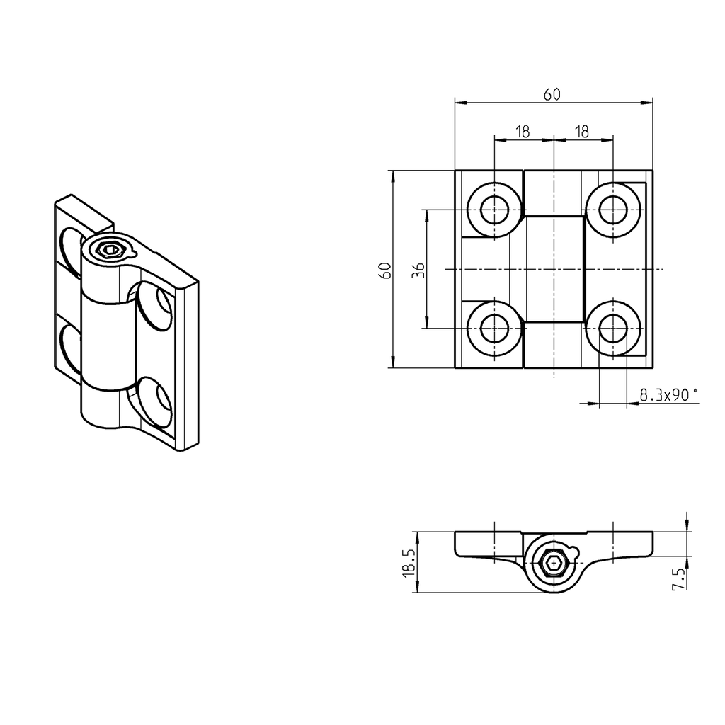 180° Torque hinge with adjustment function up to 6.5 Nm