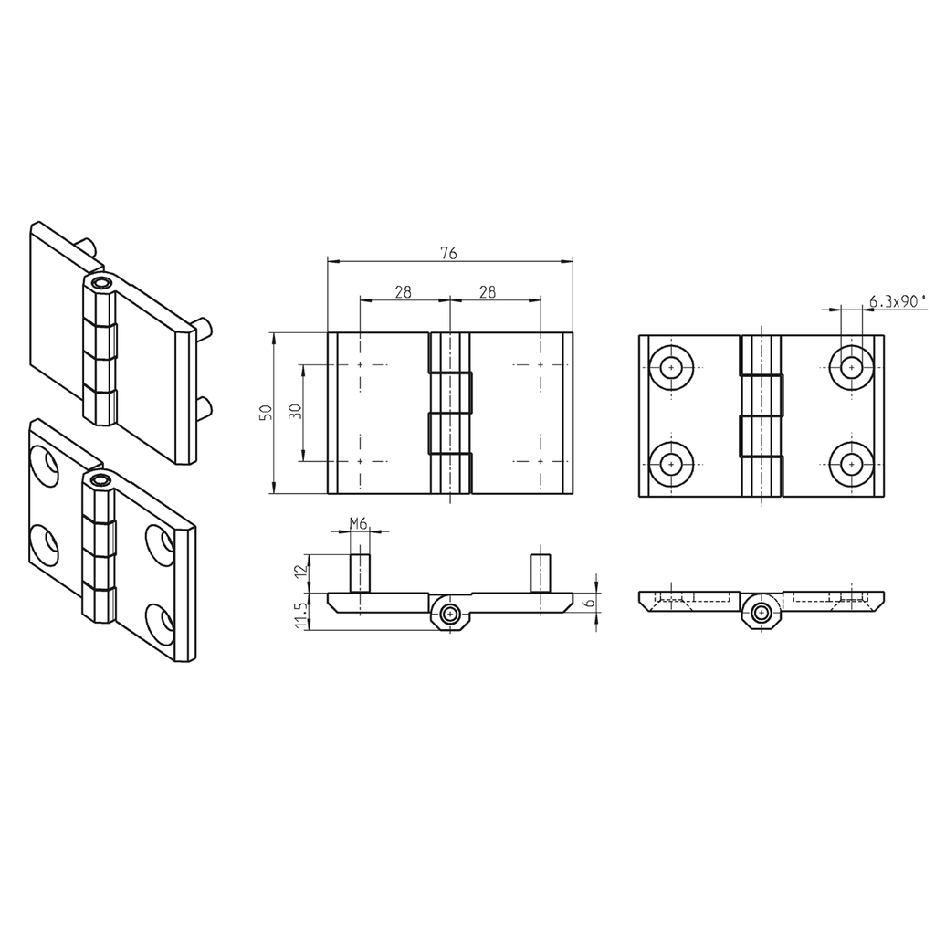 270° Hinge, Zinc die black powder-coated; 1056-U18 Dimension 76 x