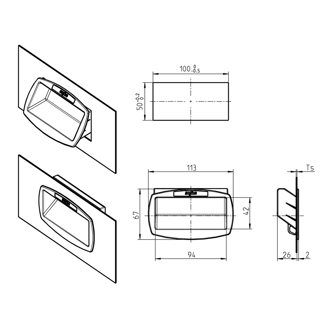 Recessed grip for Ts = 0.8 - 1.2 mm, Polyamide black; 1091-93