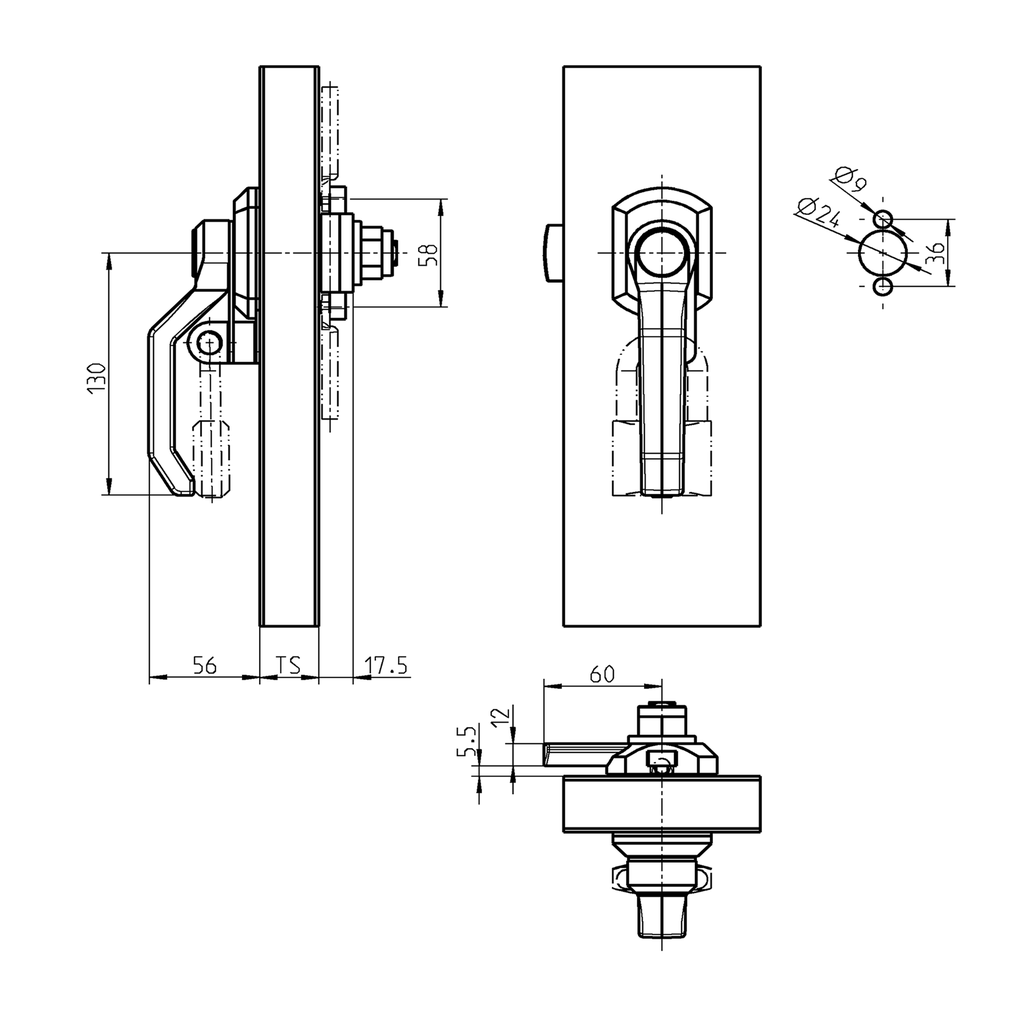 Heavy duty latch with zinc die shaft, Polyamide GF black; 1091-U84
