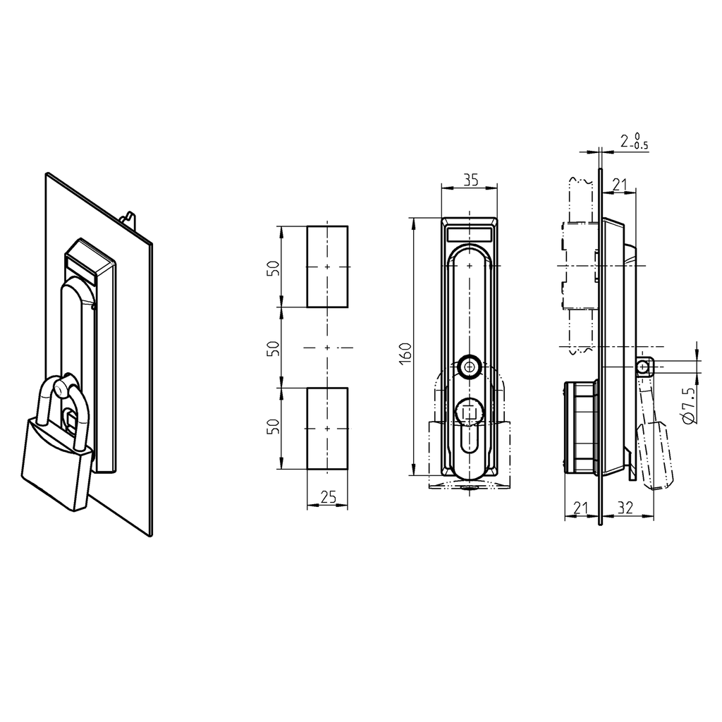 UNHALF DRAWING タビ鍋 750 Swinghandle for padlock and profile half cylinder 40 mm (A = 30 mm