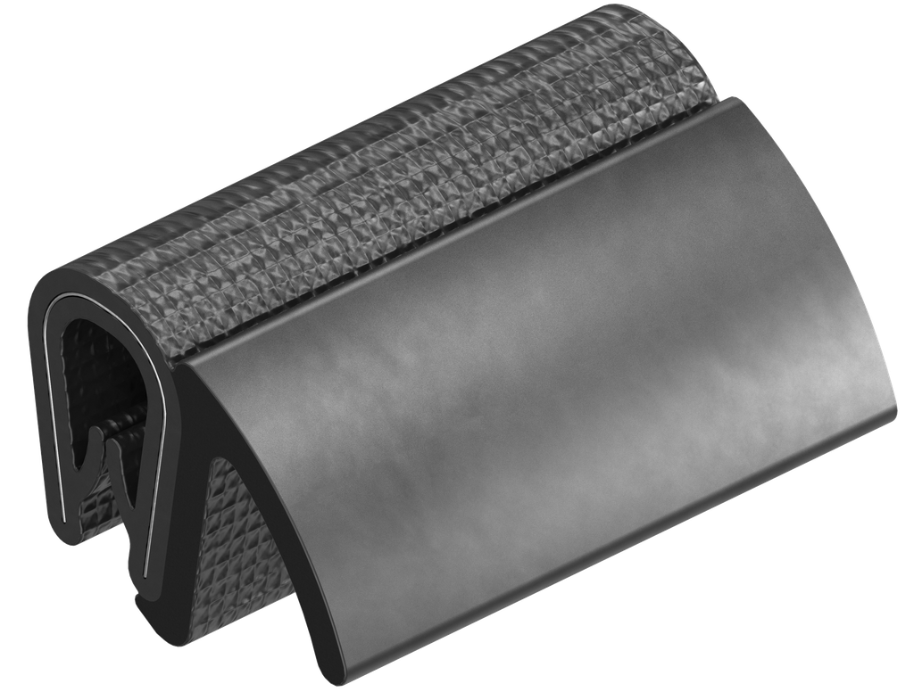 Perfil de junta para montaje a presión, caucho microporoso EPDM; perfil base PVC 70 ± 5 Shore A negro